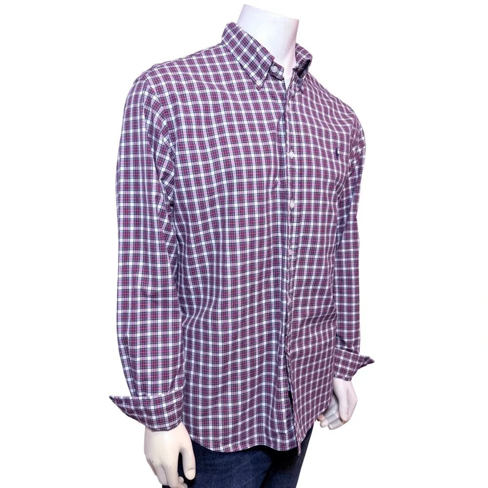 Polo Ralph Lauren Shirt Mens XL Custom Fit Plaid Button Down Red Blue White Long